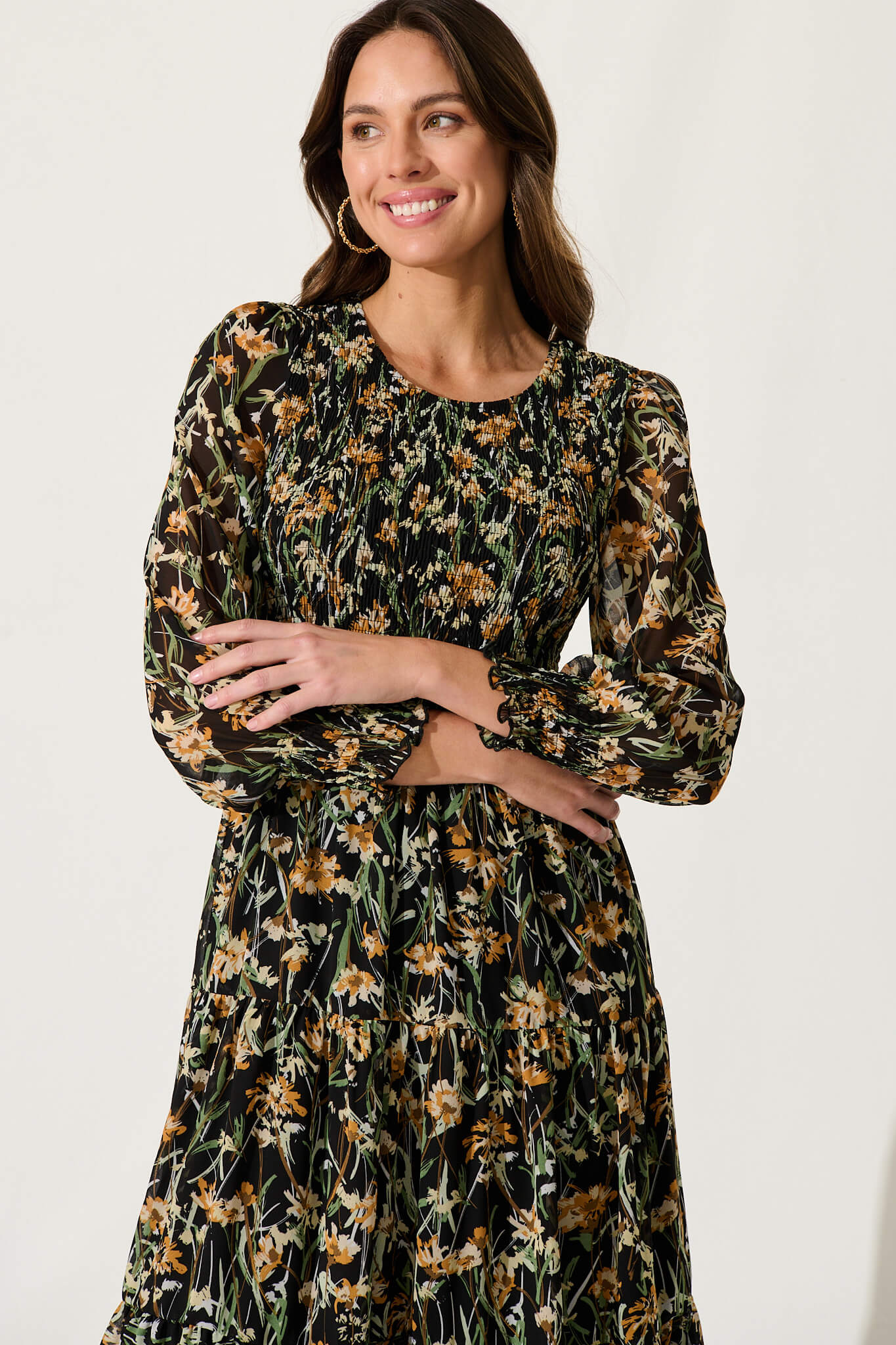 Jaseline Midi Dress In Black With Multi Floral Chiffon