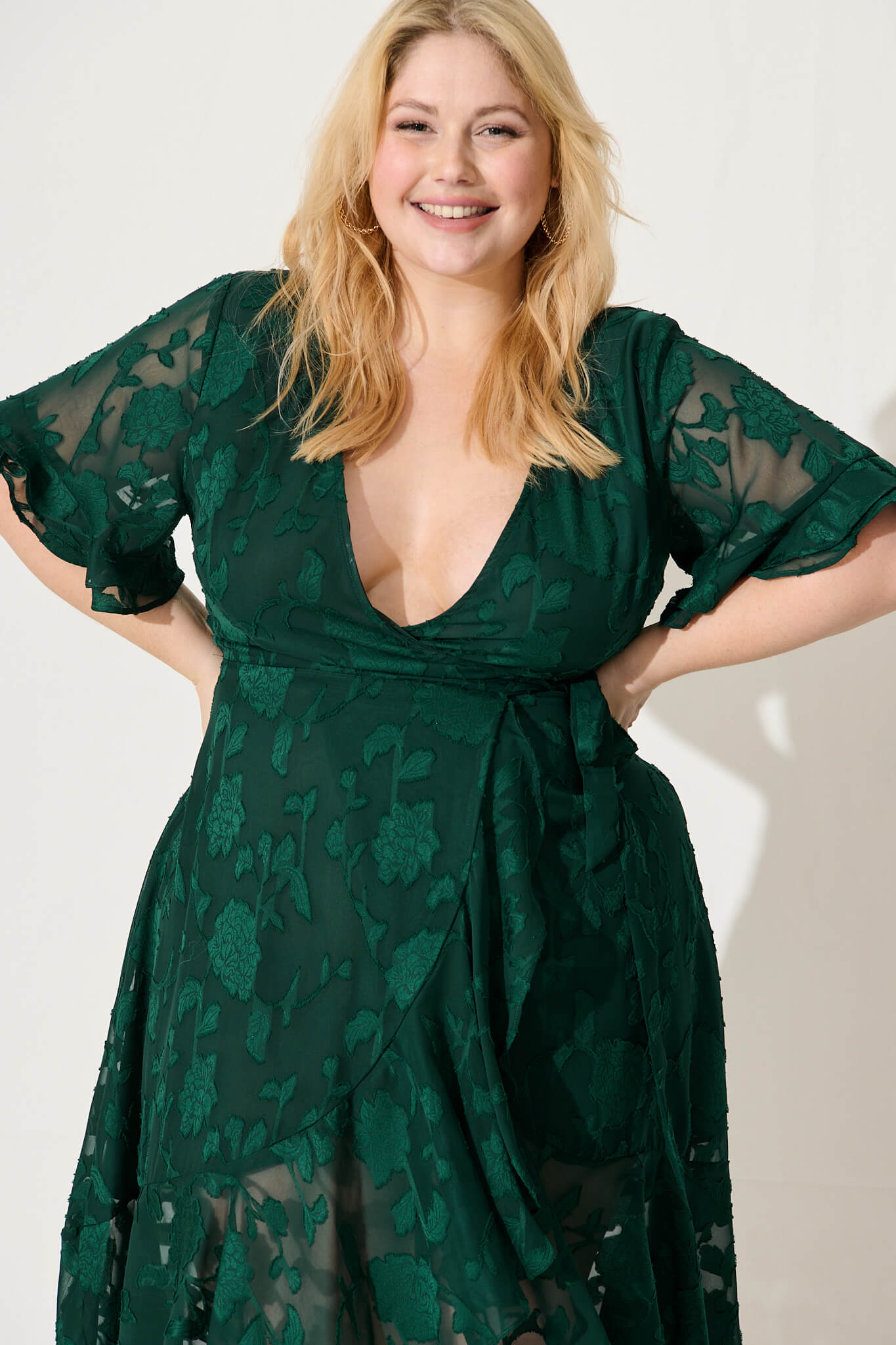 Felicidad Midi Wrap Dress In Emerald Chiffon