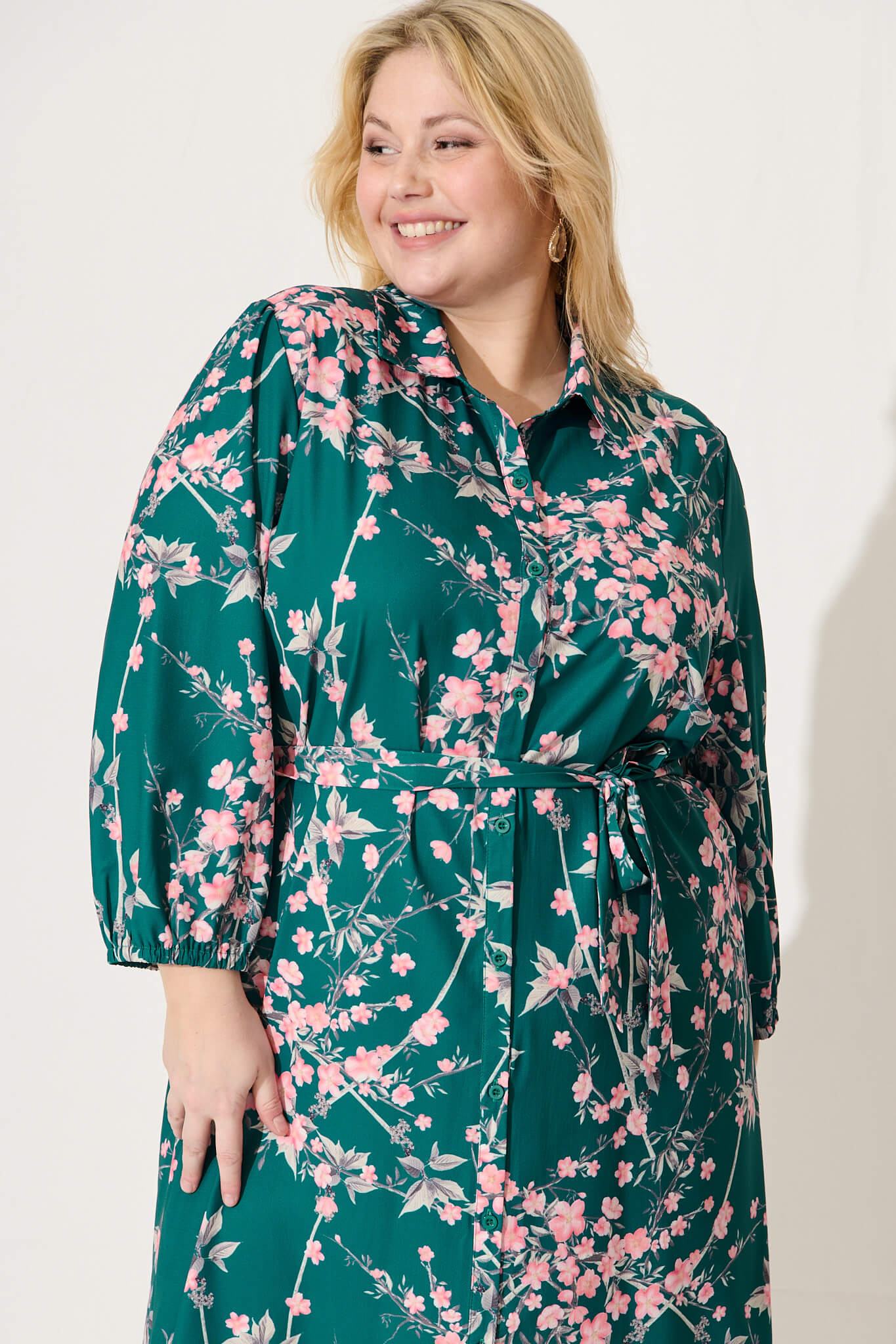 Maddington Shirt Dress In Teal With Pink Cherry Blossom