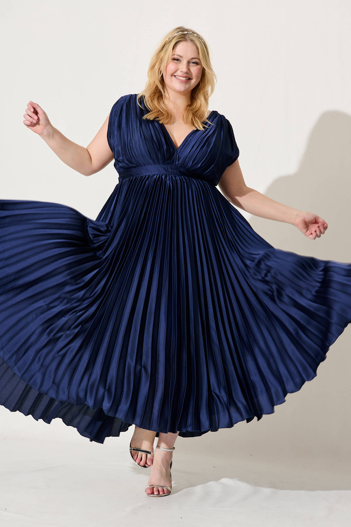 Anette Midi Dress In Pleated Navy Satin