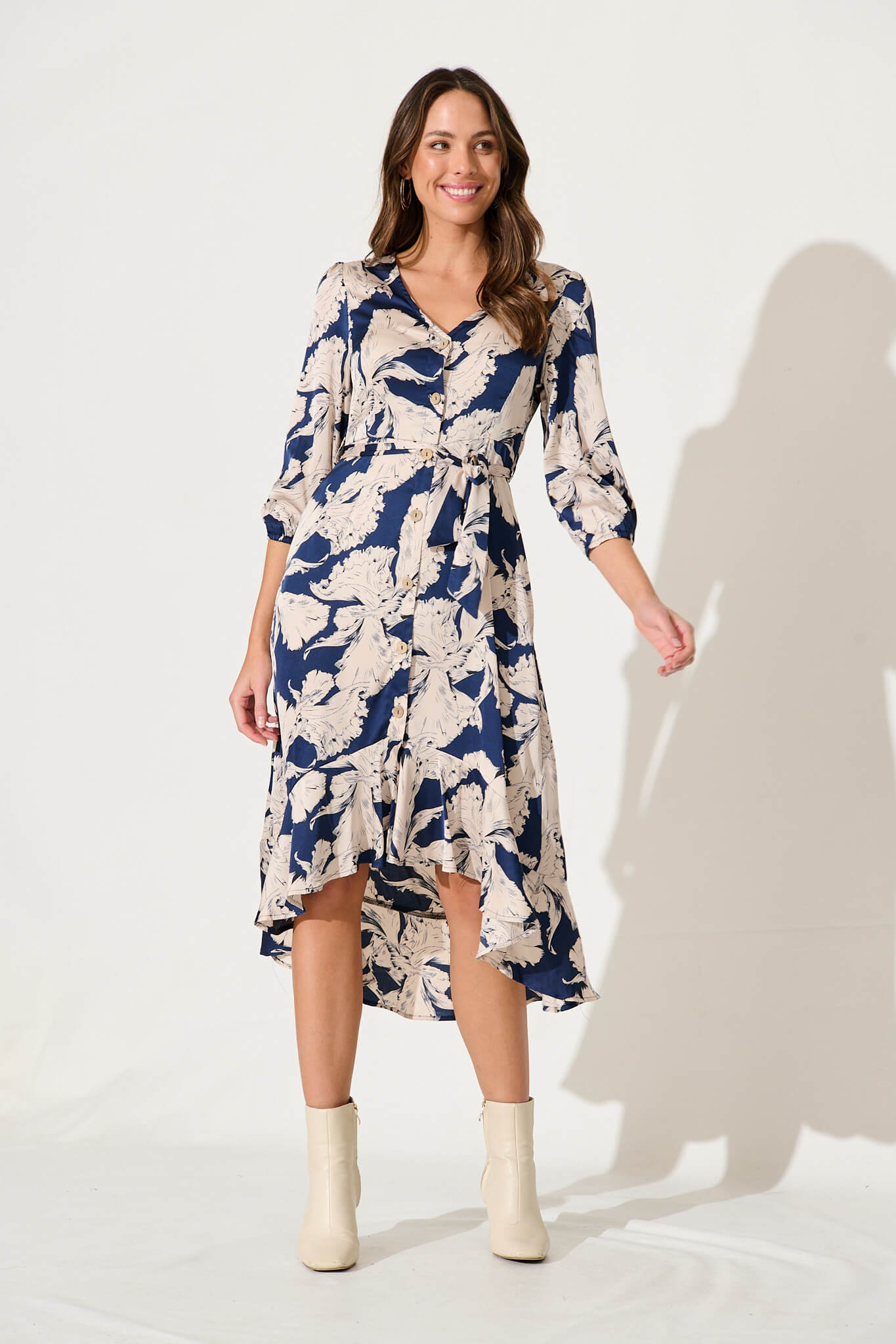 Cora Midi Dress In Navy With Cream Sketch Flower