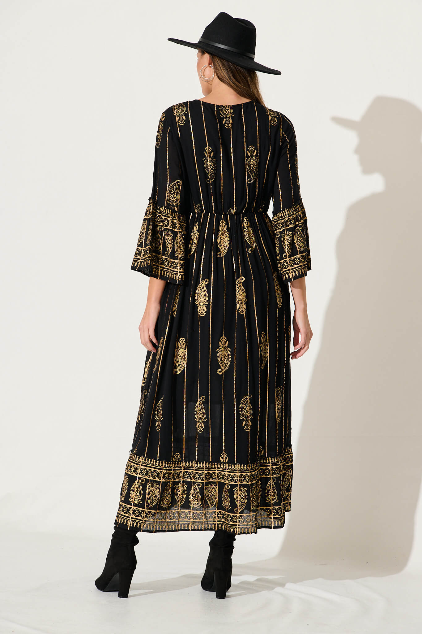 Ellie Maxi Dress In Black With Gold Print