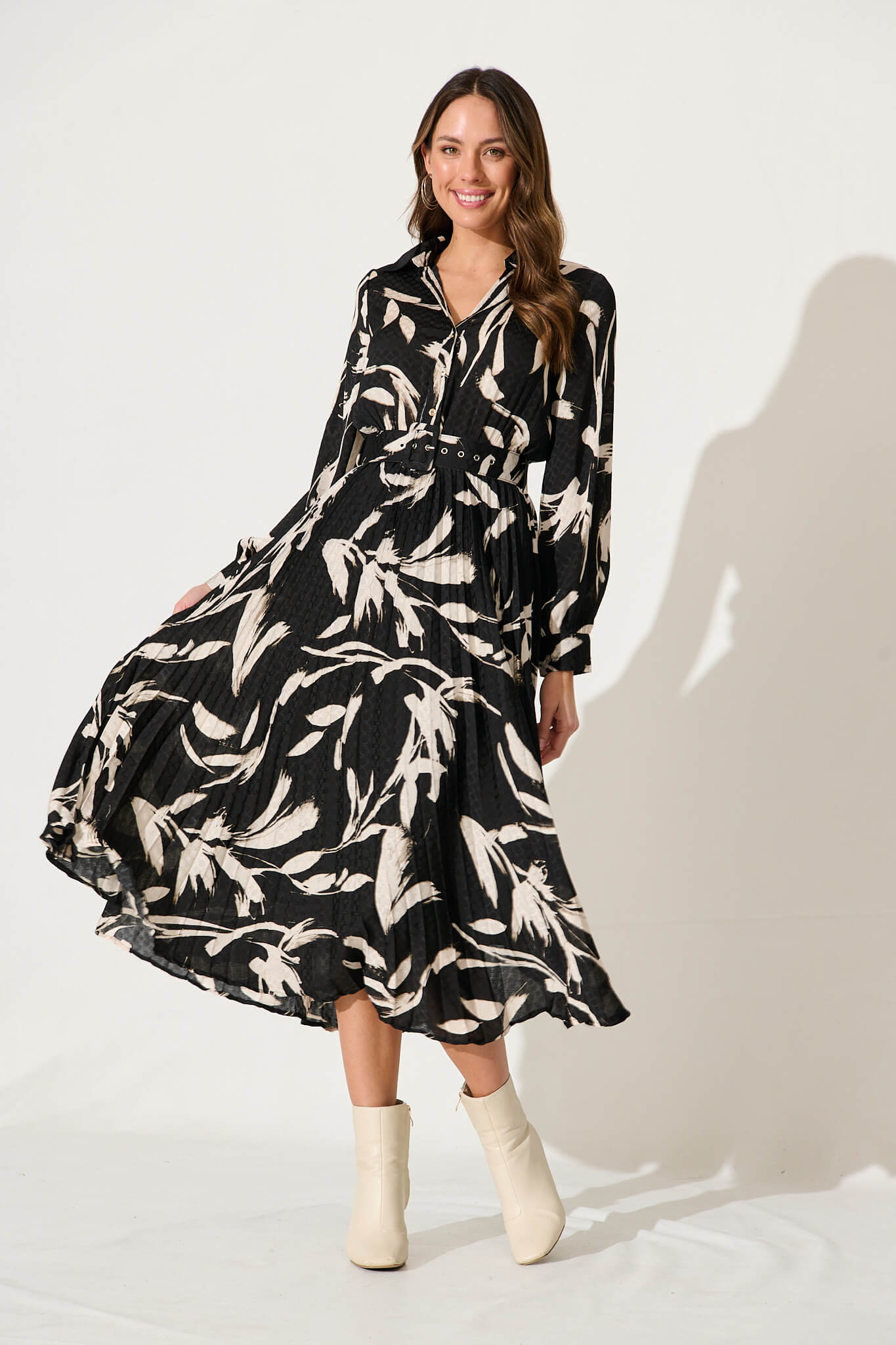 Cyrus Midi Dress In Black With White Brushstroke Print