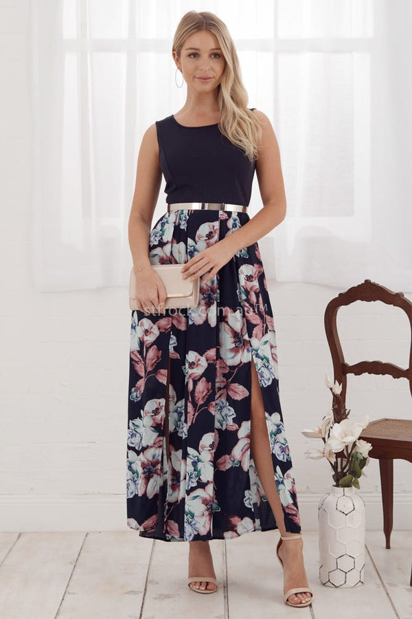 Chasing Kate Head Over Heels Maxi Dress in Navy with Pink Floral – St Frock