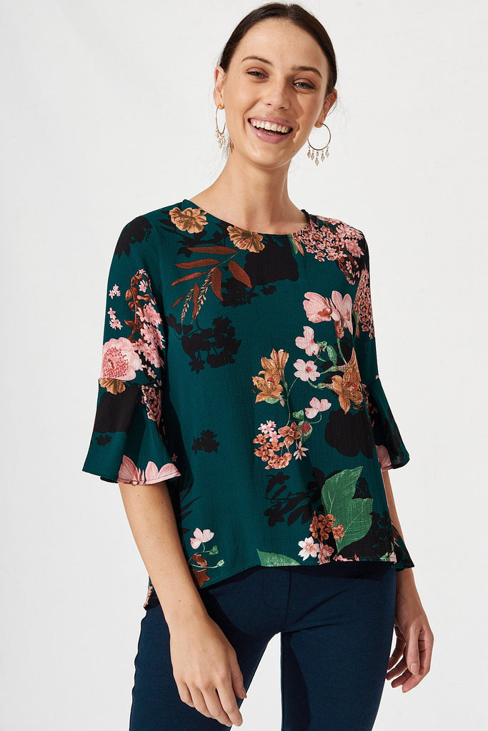 Tai Top in Green with Apricot Floral