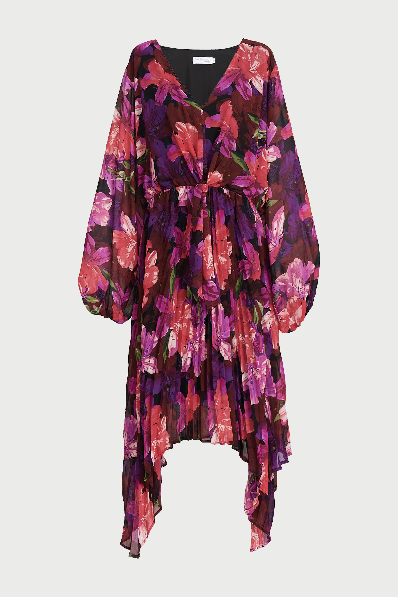 Bronny Midi Dress In Black With Purple Floral Chiffon