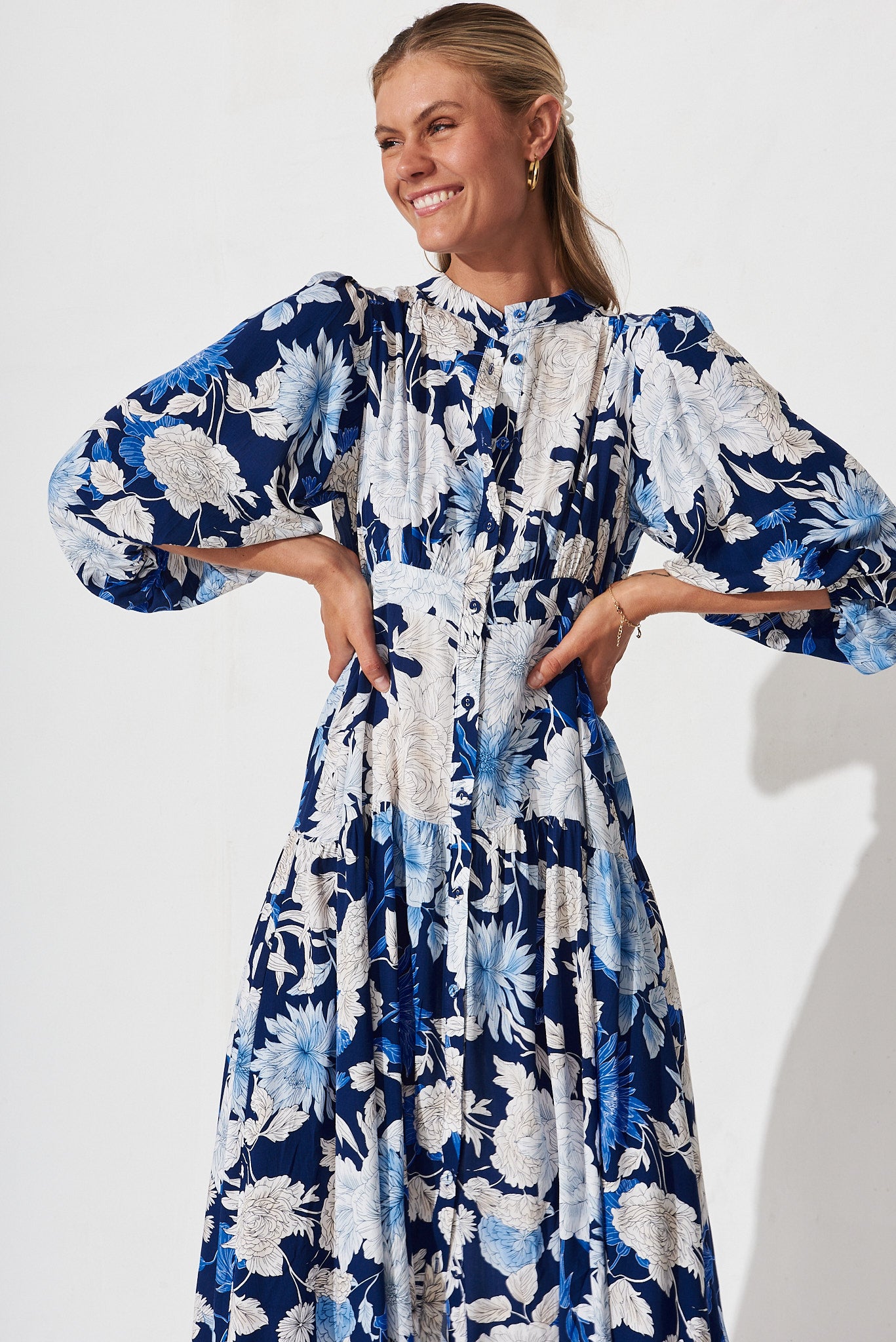 Jediya Midi Dress In Blue With White Floral – St Frock