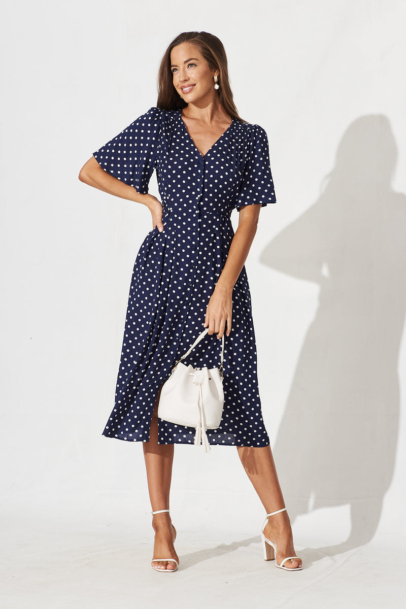 Truro Midi Dress In Navy With White Spot – St Frock
