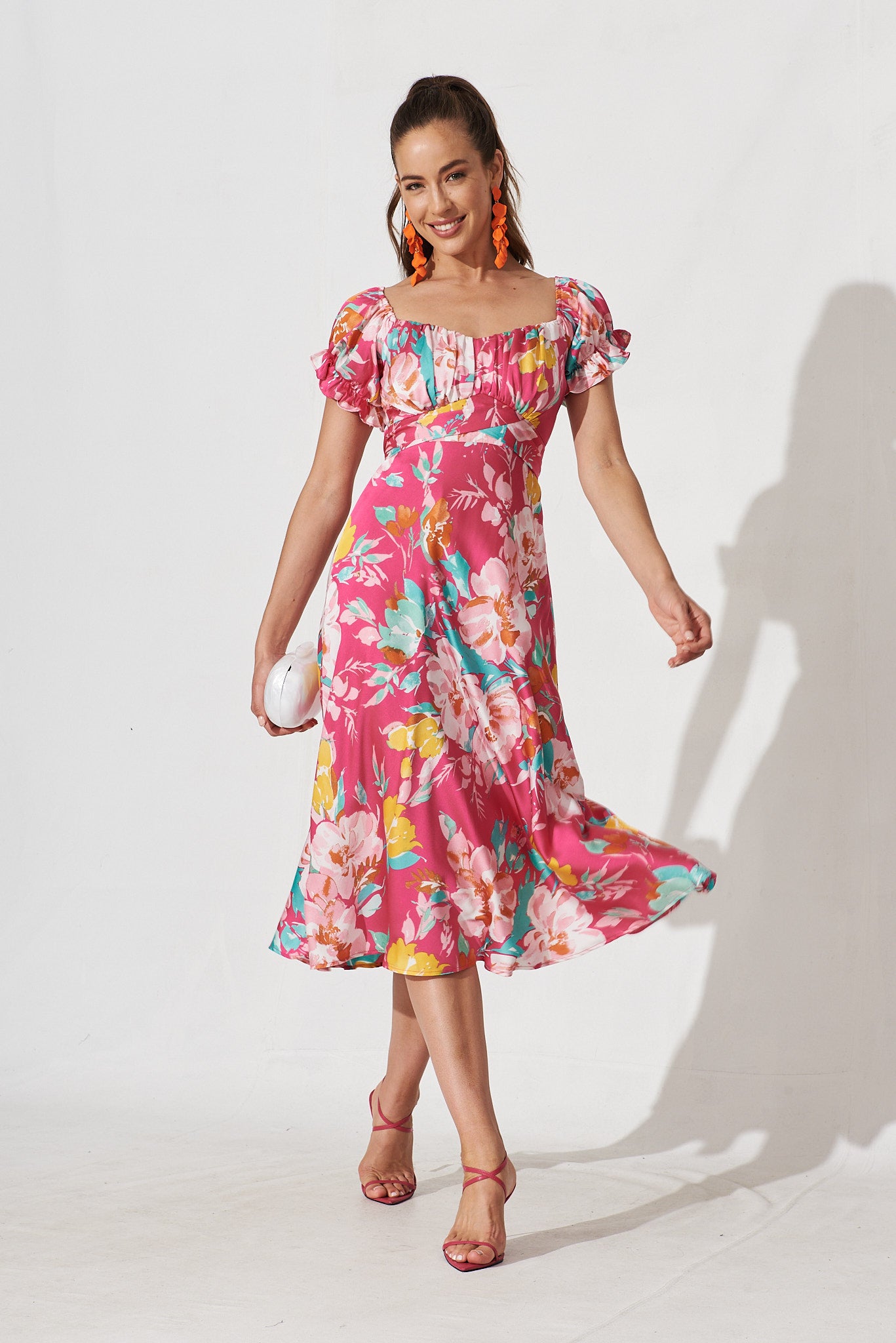 Image of Lopez Midi Dress In Pink With Multi Floral Satin