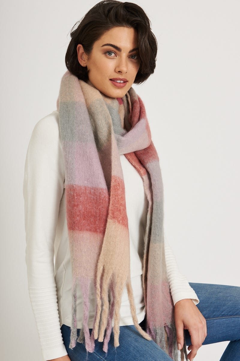 august + delilah Brooklyn Oversized Knit Scarf In Pink And Grey Checkerprint