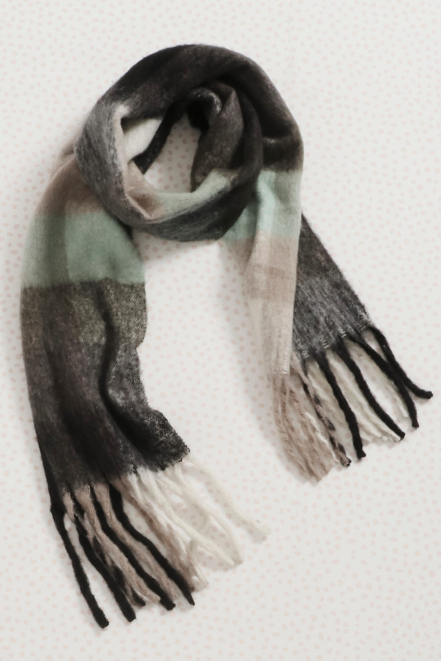 august + delilah Brooklyn Oversized Knit Scarf in Green and Grey Checkerprint