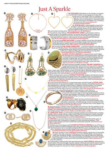 Just jewelry article in Vanity fair magazine featuring the 7 diamond skinny dipping heart earrings from the wandering jewel