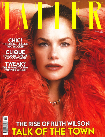 cover photo of neadshot Ruth Wilson in Tatler magazine wearing a red furry jacket