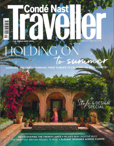 Cover of Conde Nast Traveller magazine featuring a photo of a pool and private villa in Italy and the disengagement septagon ring from the wandering jewel