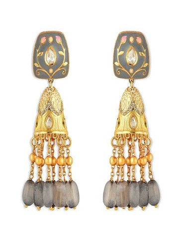 Gold Finish Grey Kundan Polki Jhumka Earrings