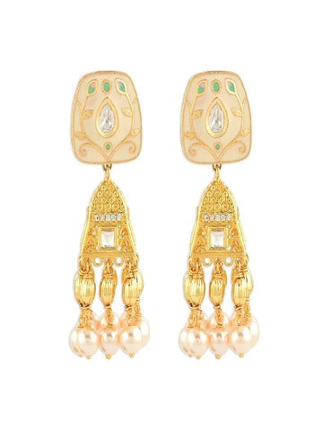 Gold Finish Off-White Kundan Polki Jhumka Earrings