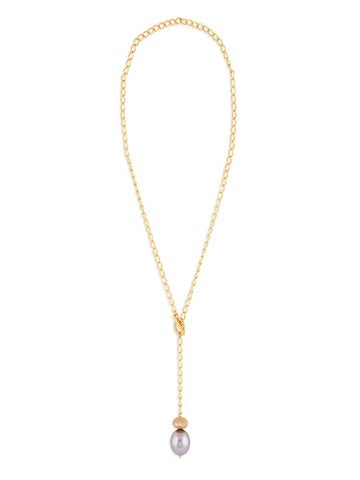Gold Polish Lariat Necklace With Grey Pearl