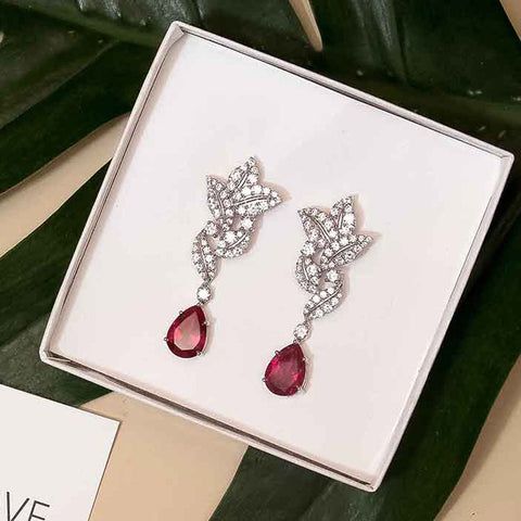 Sterling Silver Diamond Ruby Drop Earrings