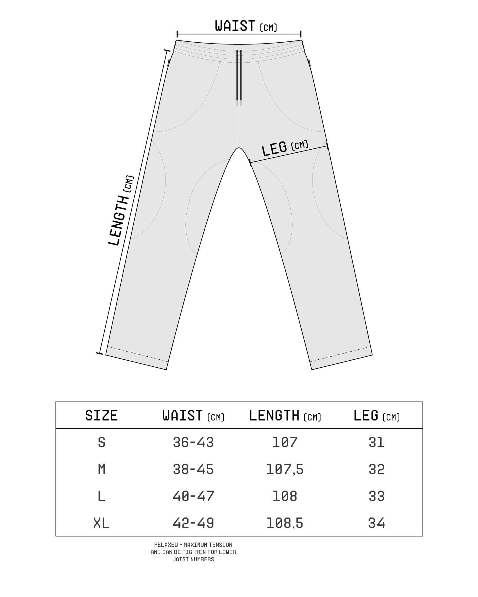 Size Guide for sweatpants