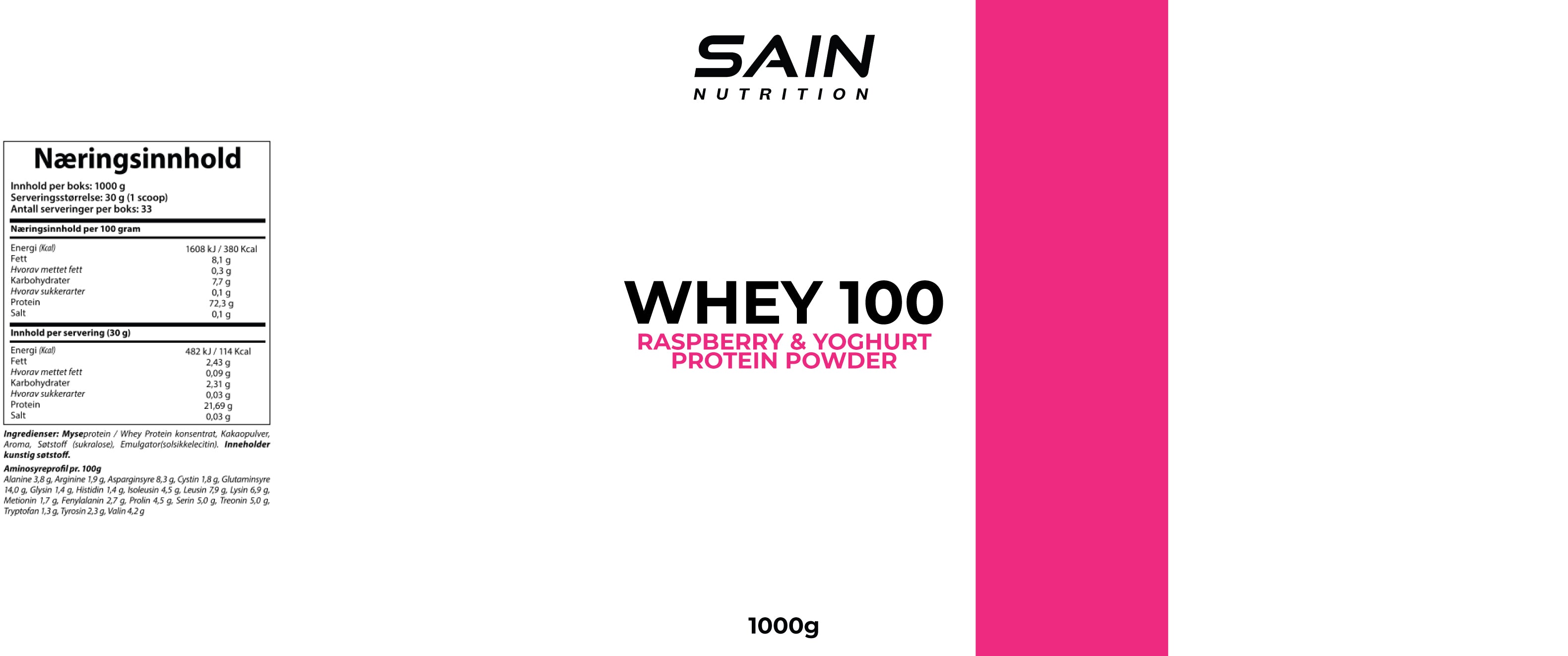 100 Whey bringebær og yoghurt proteinpulver - Sain Nutrition product image