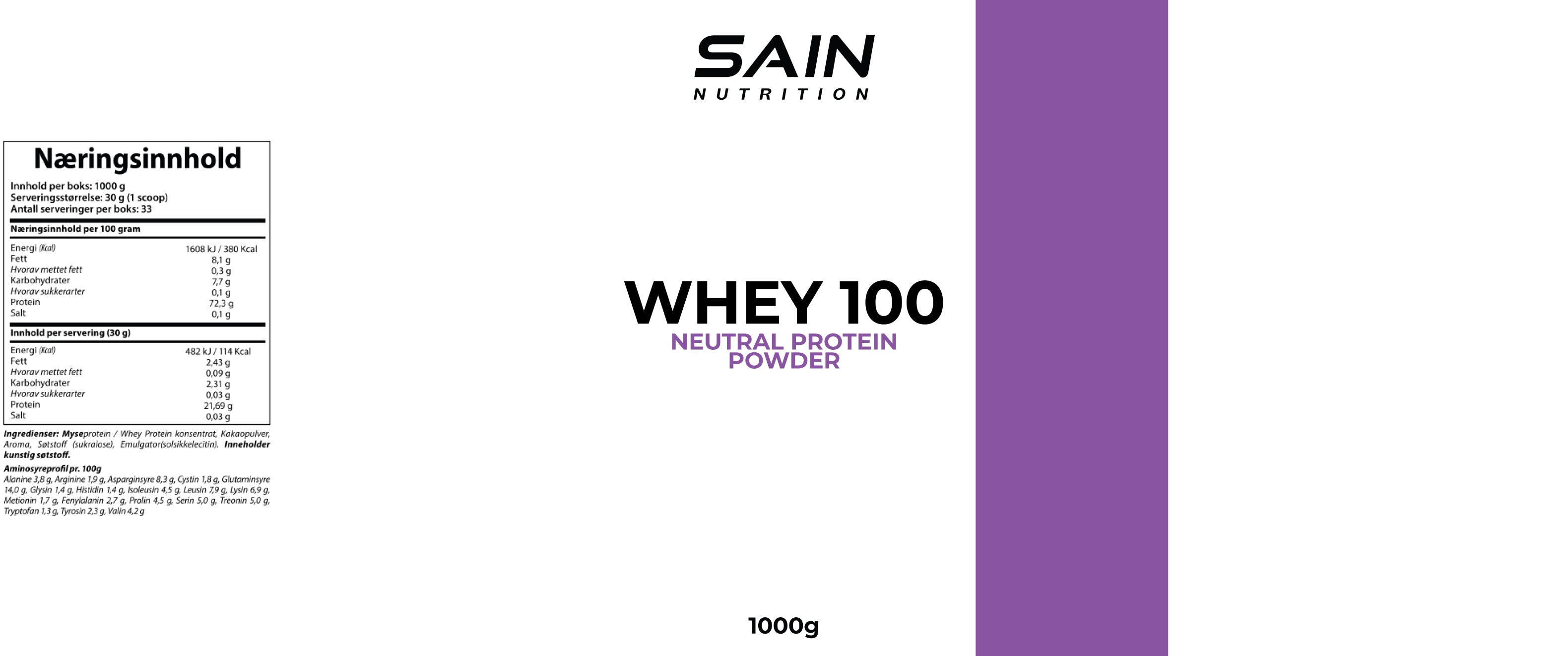 100 Whey Naturlig proteinpulver - Sain Nutrition product image