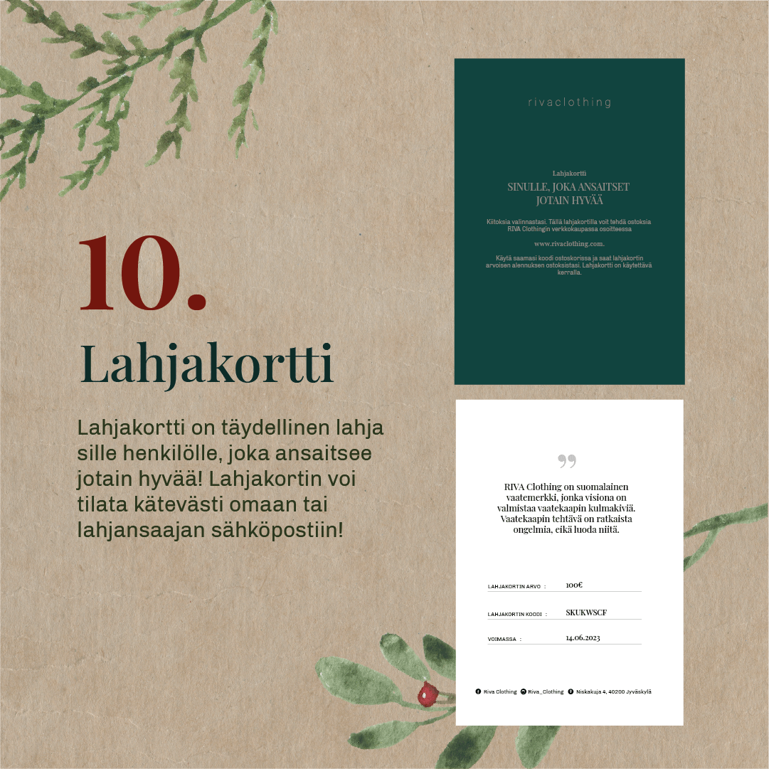 Joululahjaidea 10 lahjakortti vastuulliseen RIVA clothing verkkokauppaan