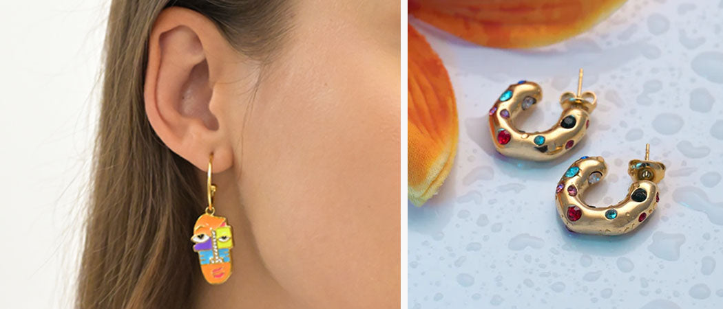 Colourful Stones Hoop Earrings(right) and Abstract Oil Crystal Drop Earrings(left) from Palmonas