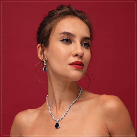 Diamond & Blue Crystal Drop Necklace Set | waterproof | 1-year warranty | anti-tarnish | Palmonas