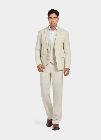 1PA1 Men's 3 Pieces Slim Fit Linen Suit Set - Two Button Jacket, Vest & Pants