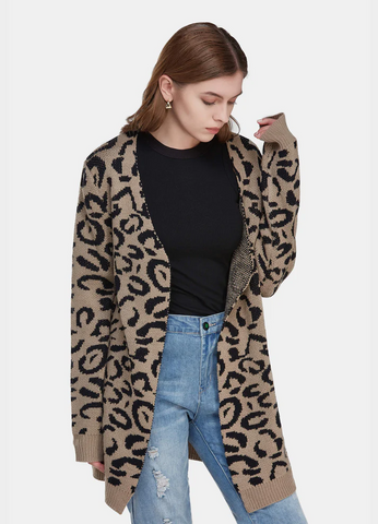 MECALA Women's Leopard Print Drop Shoulder Open Front Long Cardigan