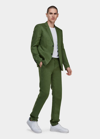 1PA1 Men's Linen Green Jacket Trousers 2-Pieces Suit Set