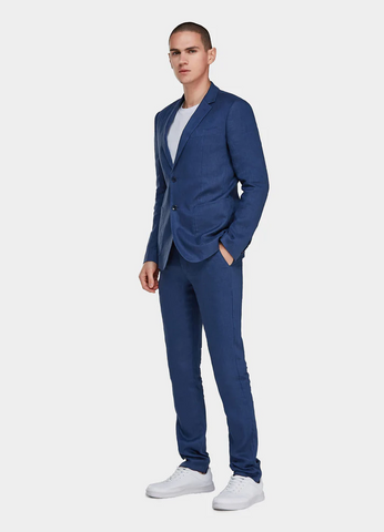 1PA1 Men's Linen Dark Blue Jacket Trousers 2-Pieces Suit Set