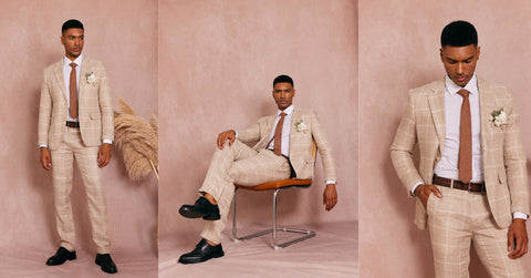 Finepeek 1PA1 2 pieces 100% linen plaid suit for men