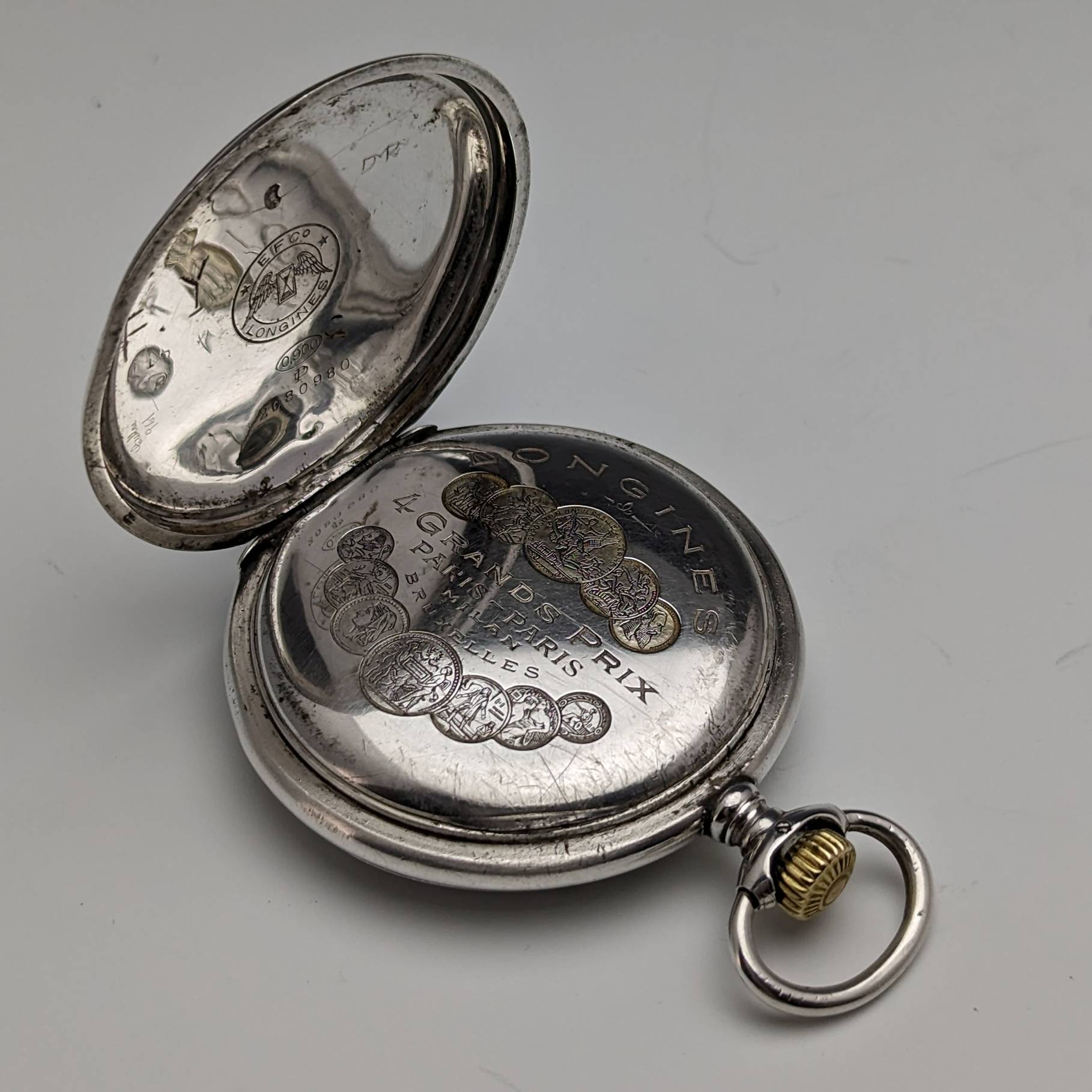 SILVER-LUG1907年頃 アンティーク ロンジン 懐中時計 花彫刻銀側