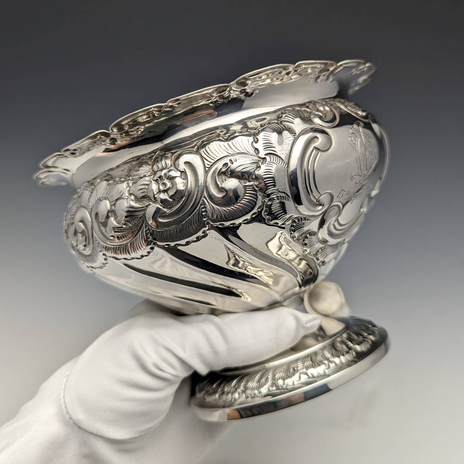 フラワープリント 1900年 英国アンティーク 純銀製 ローズ・ボウル