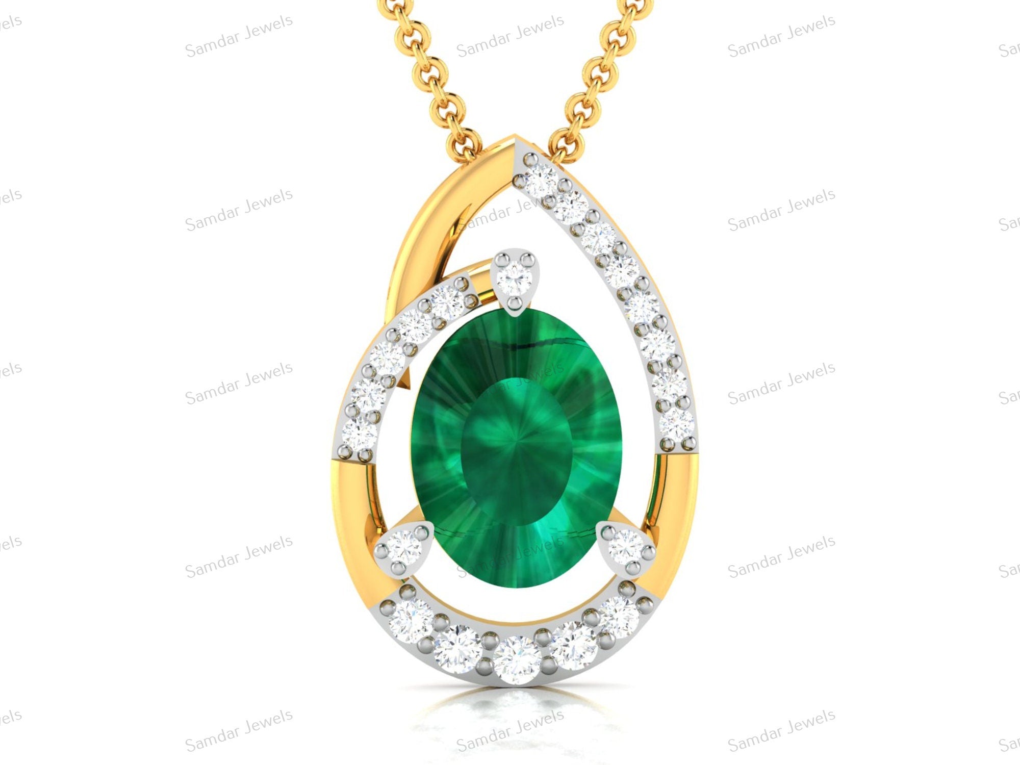 Oval Emerald Diamond Necklace, 14k Solid Gold Lab Made emerald Pendant