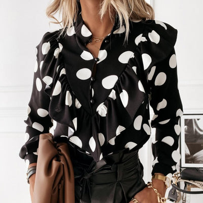 Women Elegant Ruffle Blouse Shirts Polka Dot Leopard Blouses Femme 2021 Summer V-Neck Long Sleeve Casual Tops Plus Size Women