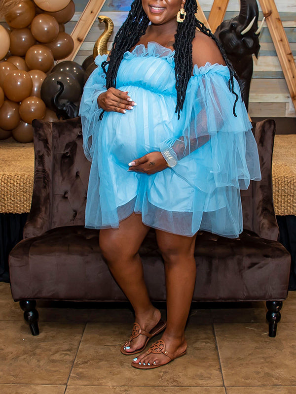 Momyknows Blue Off Shoulder Tulle Tutu Bandeau Grenadine Cute Baby Shower Maternity Mini Dress