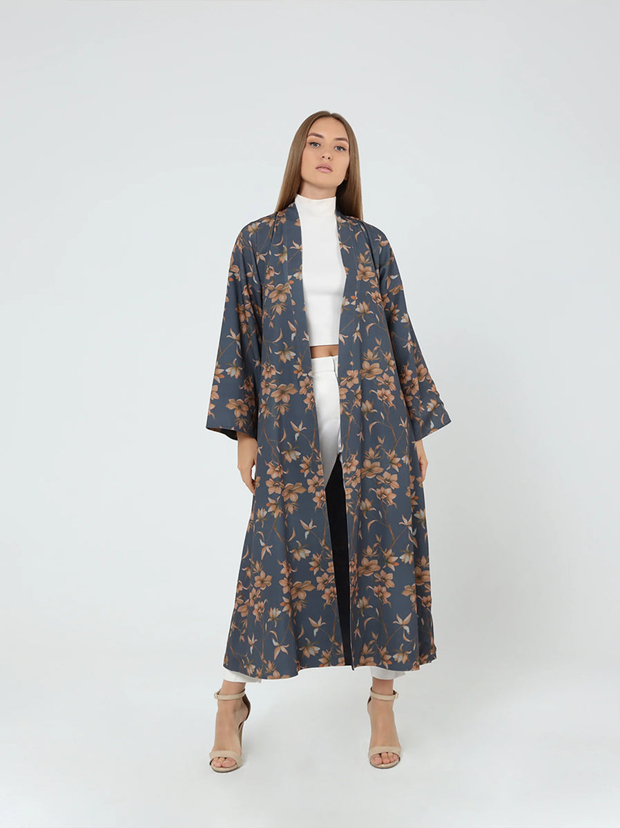 Grey Rust Floral Pattern Kimono | Kimono Sleeve Dress | Women's Kimonos ...