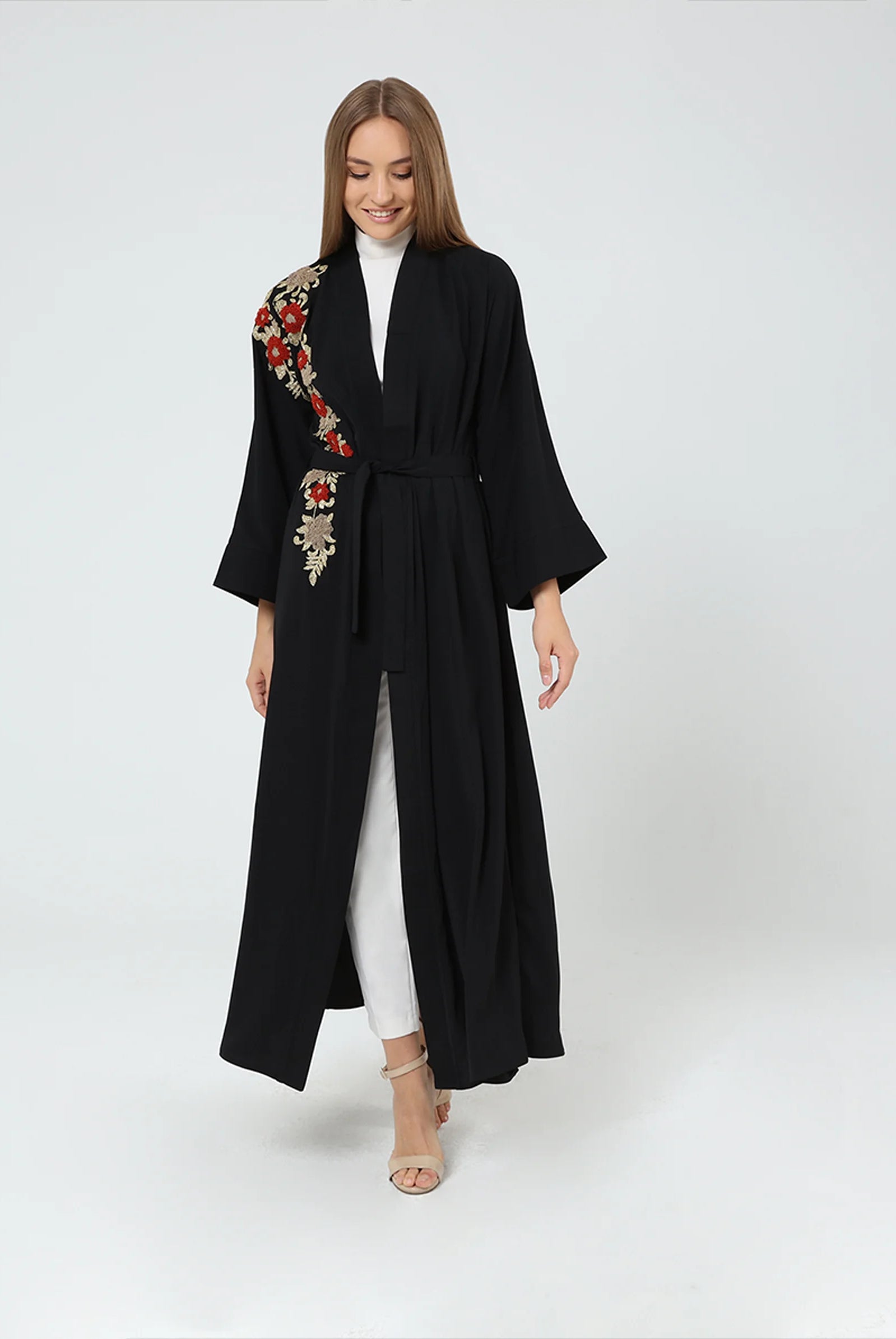 Black Contrast Embroidery Detailed Kimono, Embroidered Kimono 