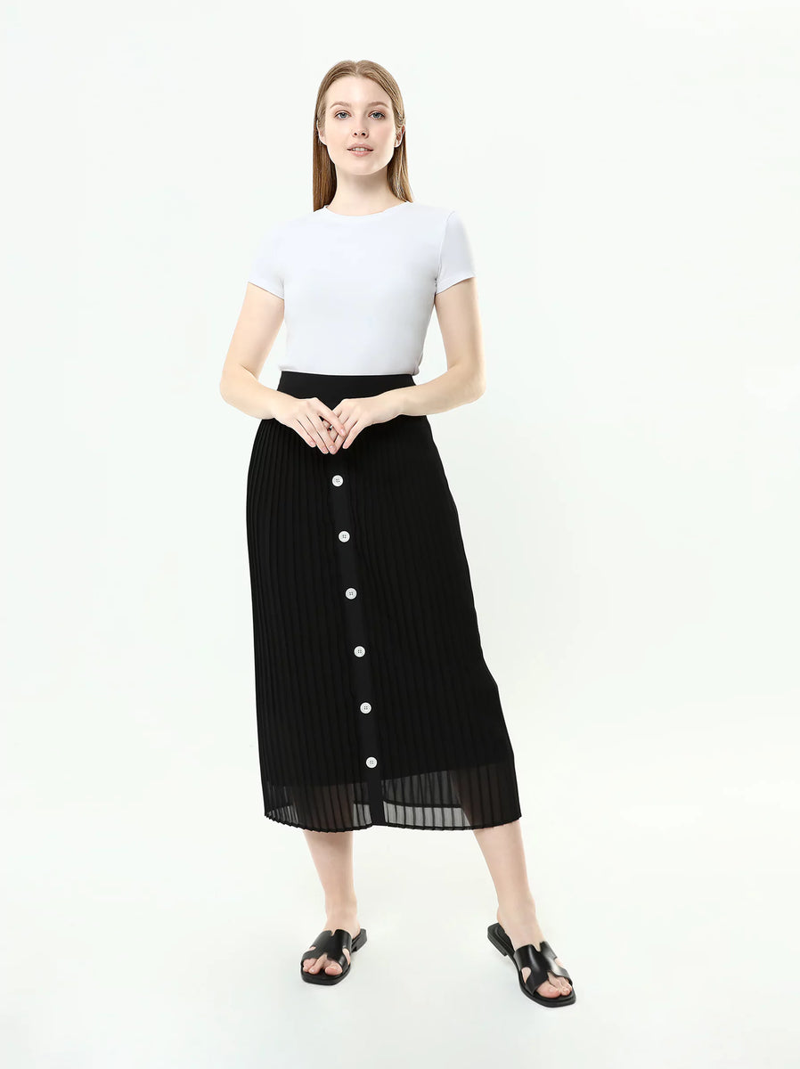 Buy Black decorative Button Midi Skirt UK | Black Midi Skirt – Modora UK