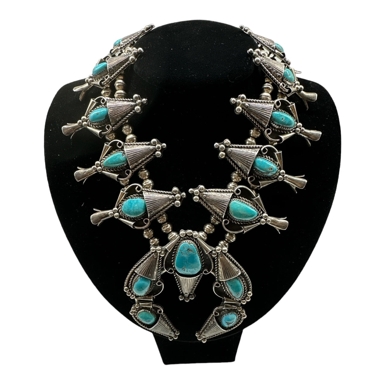 Golden Hills Turquoise Squash Blossom necklace by V. Hicks – Buckin'  Flamingo