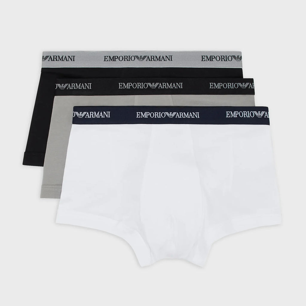 Emporio Armani 3 Pack Trunks - Stretch Cotton with Core Logo-BWG | Trunks  and Boxers