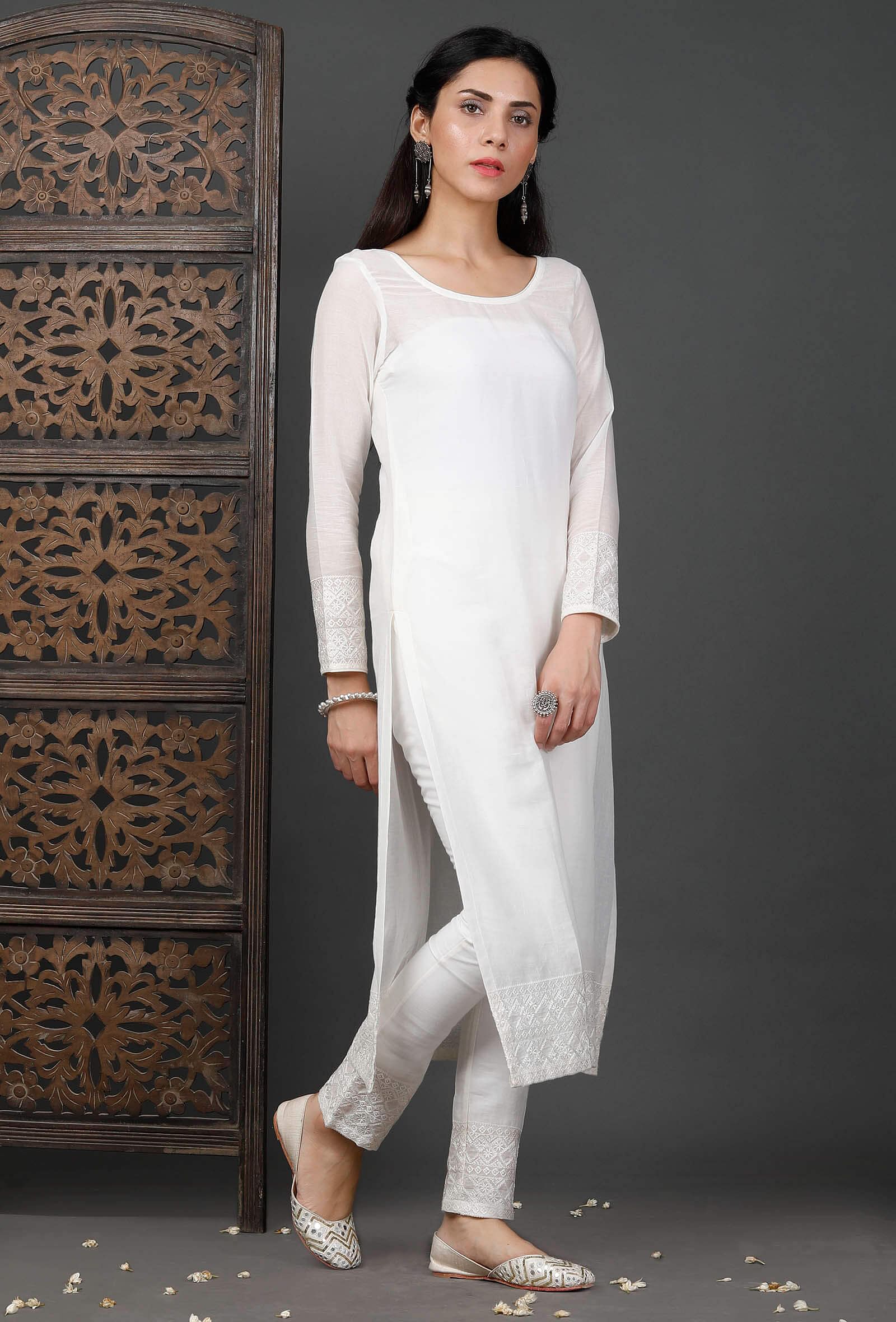 White plain cotton kurti-trouser - YUFTA - 3718754