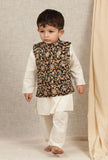 Set Of 3: Idhant Off-white Cotton Kurta & Pyjama & Black Kalamkari Printed Nehru Jacket