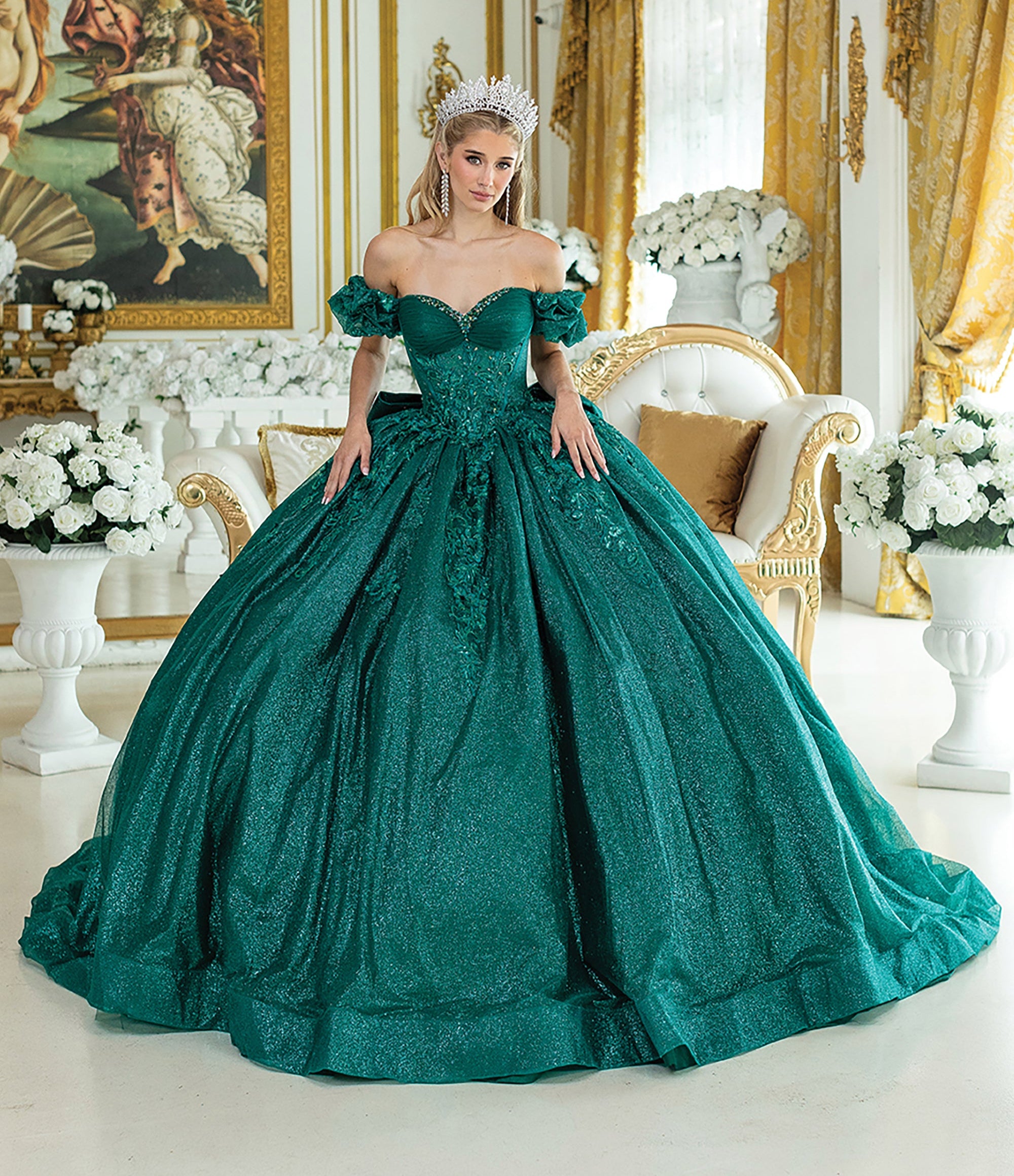 Quinceañera | Hunter Green Off-the-Shoulder Butterfly Ball Gown with Cape | Zurina dress front view