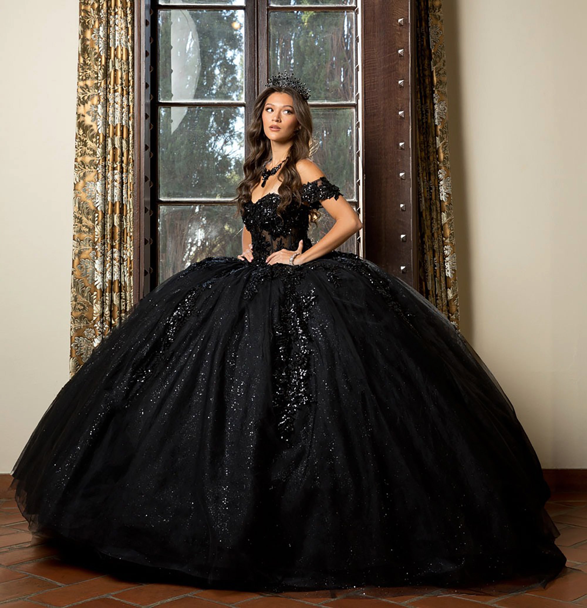 Quinceañera | Black Detachable Sleeve 3D Flowers and Glitter Quince Ballgown | Esperanza dress