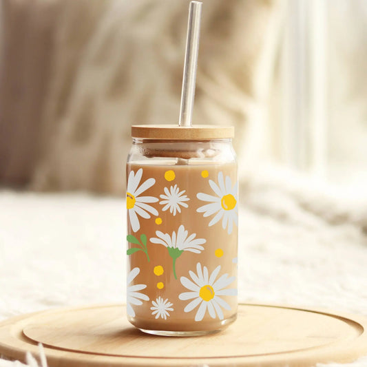 GROOVY FLOWER glass can cup w/ bamboo lid & straw | iced coffee glass cup |  soda can glass cup | beer glass can cup | coffee cup