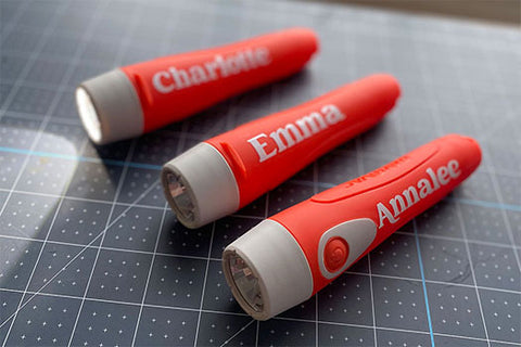 Name stickers on flashlights - Amazing Faith Designs