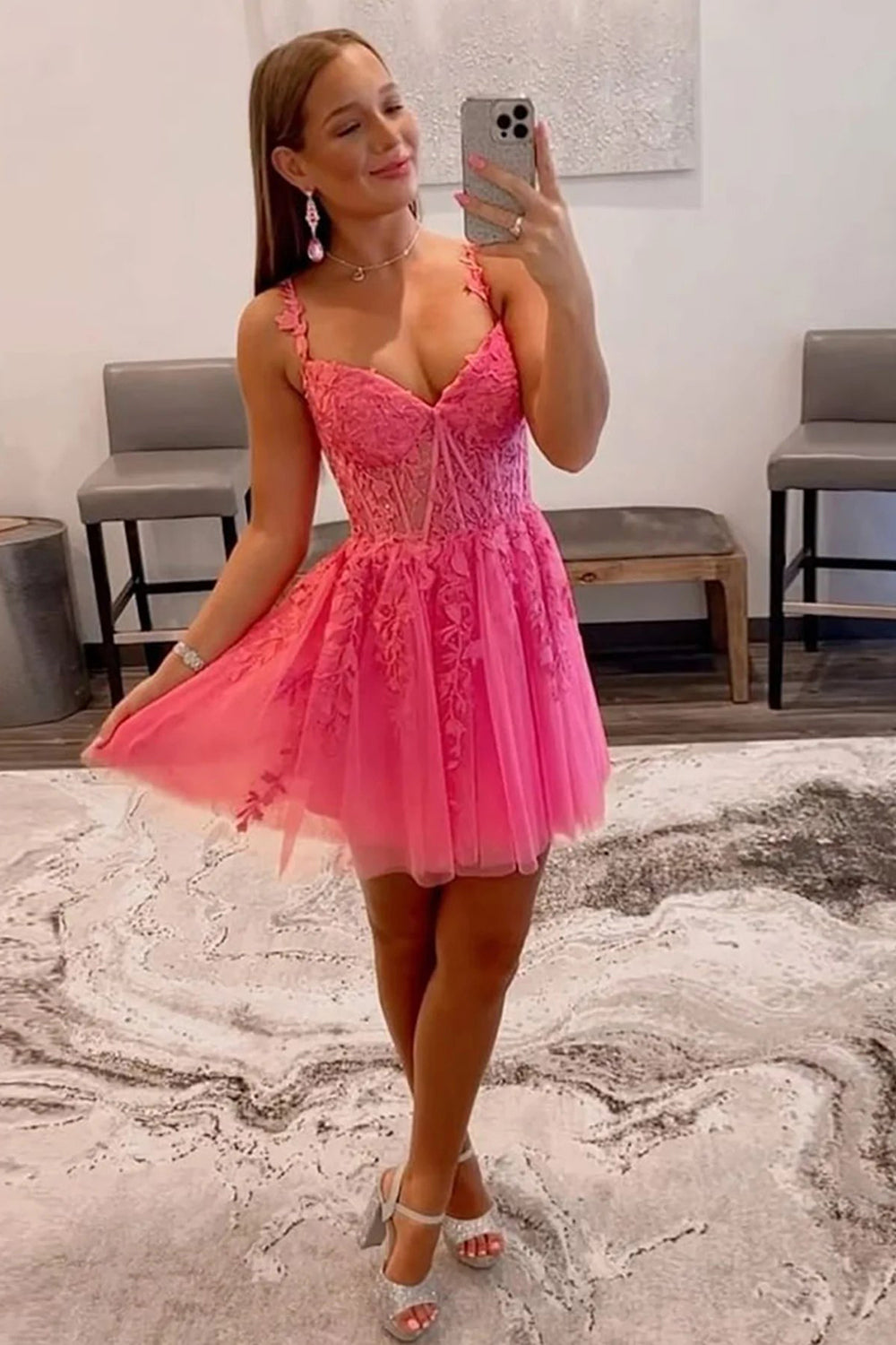 Cute A Line Pink Spaghetti Straps Short Homecoming Dress with Appliques